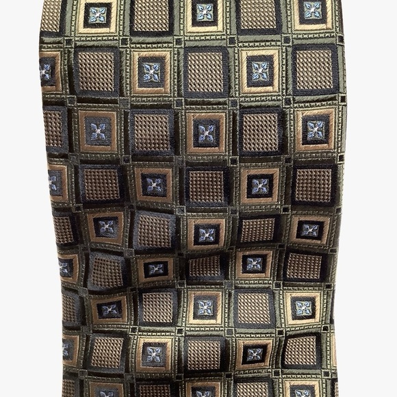 VINTAGE Italian Green & Gold Geometric Woven Silk Tie - Picture 1 of 12